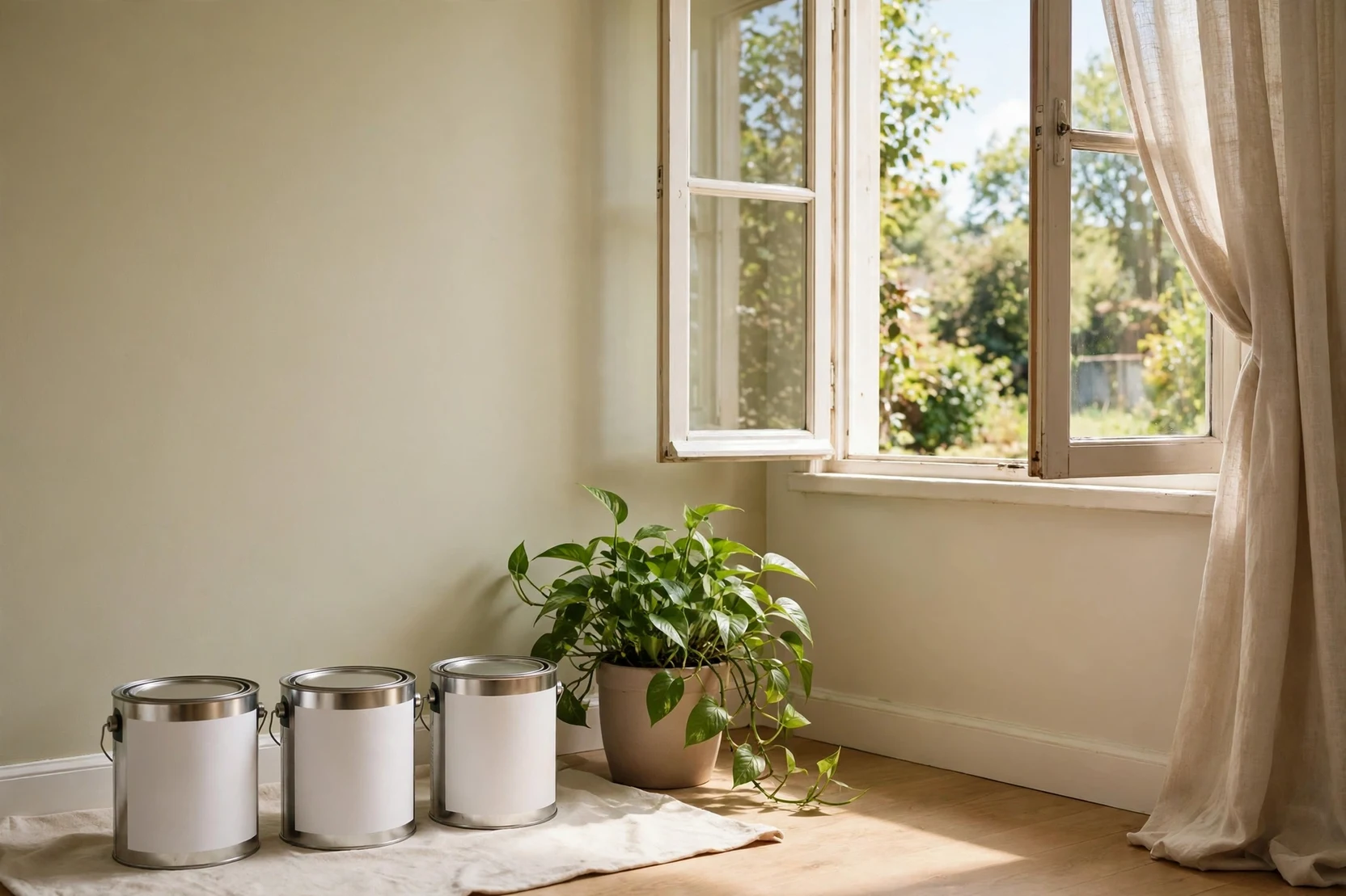 Low-VOC interior paint cans beside a freshly painted bedroom wall