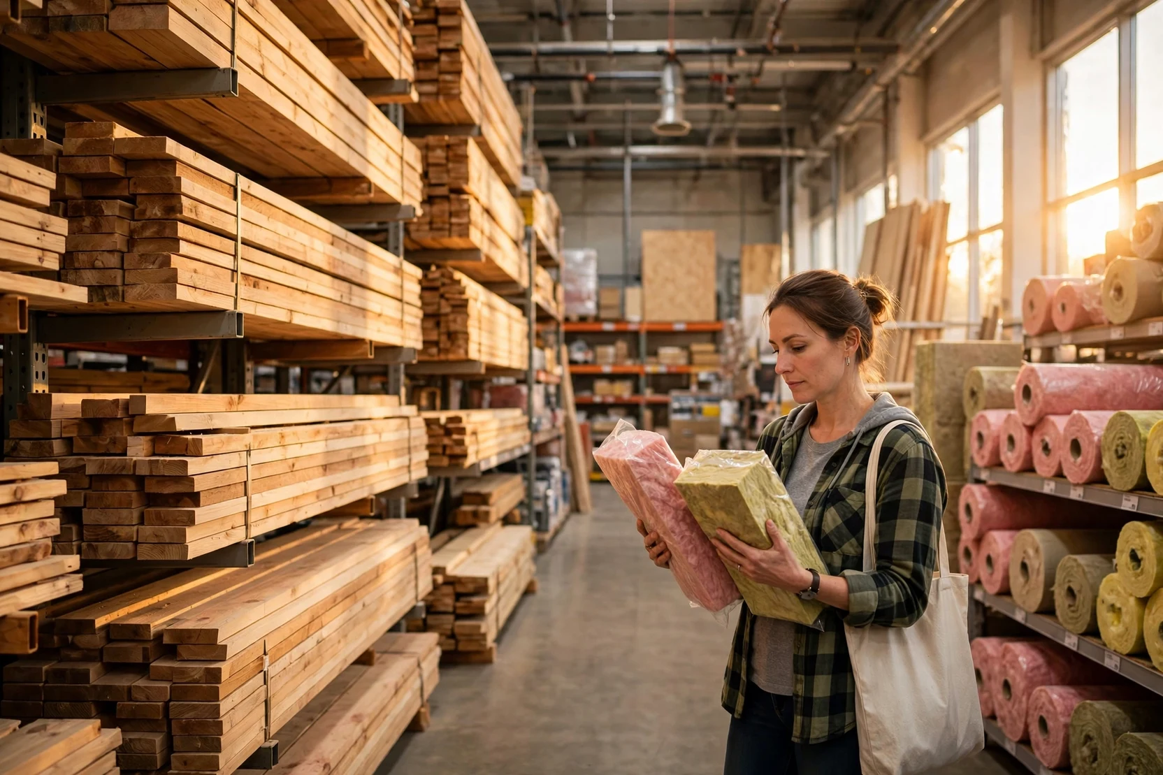 Green building products and certified lumber in a US home improvement store