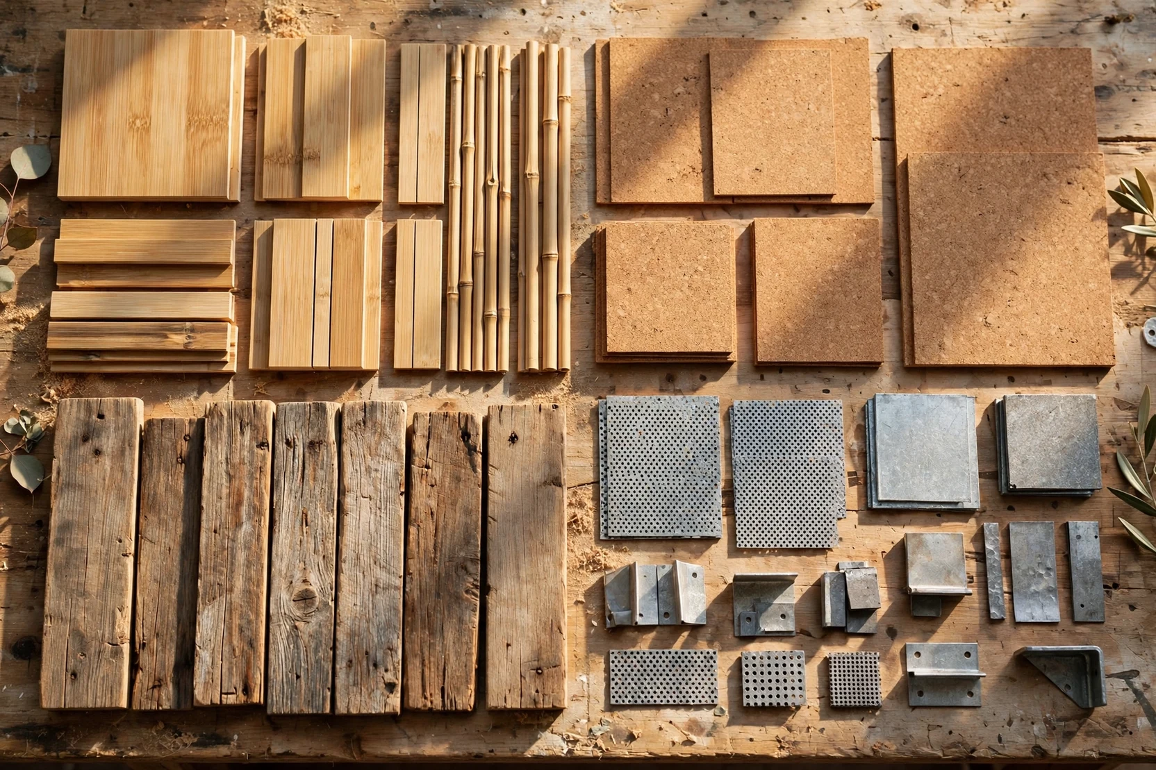 Eco friendly green building materials samples including bamboo, reclaimed wood, cork and recycled metal