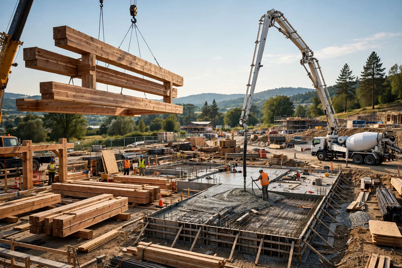 Construction site comparing timber and low-carbon concrete to reduce embodied carbon in construction