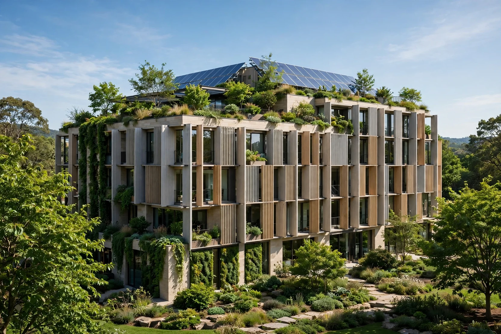 Certified green building exterior with solar shading and rooftop greenery