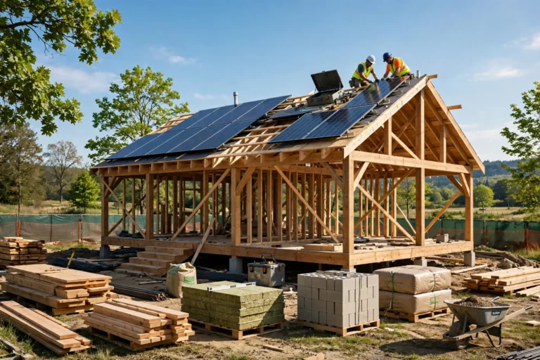 Green building materials used in a modern eco home under construction with solar panels and timber framing