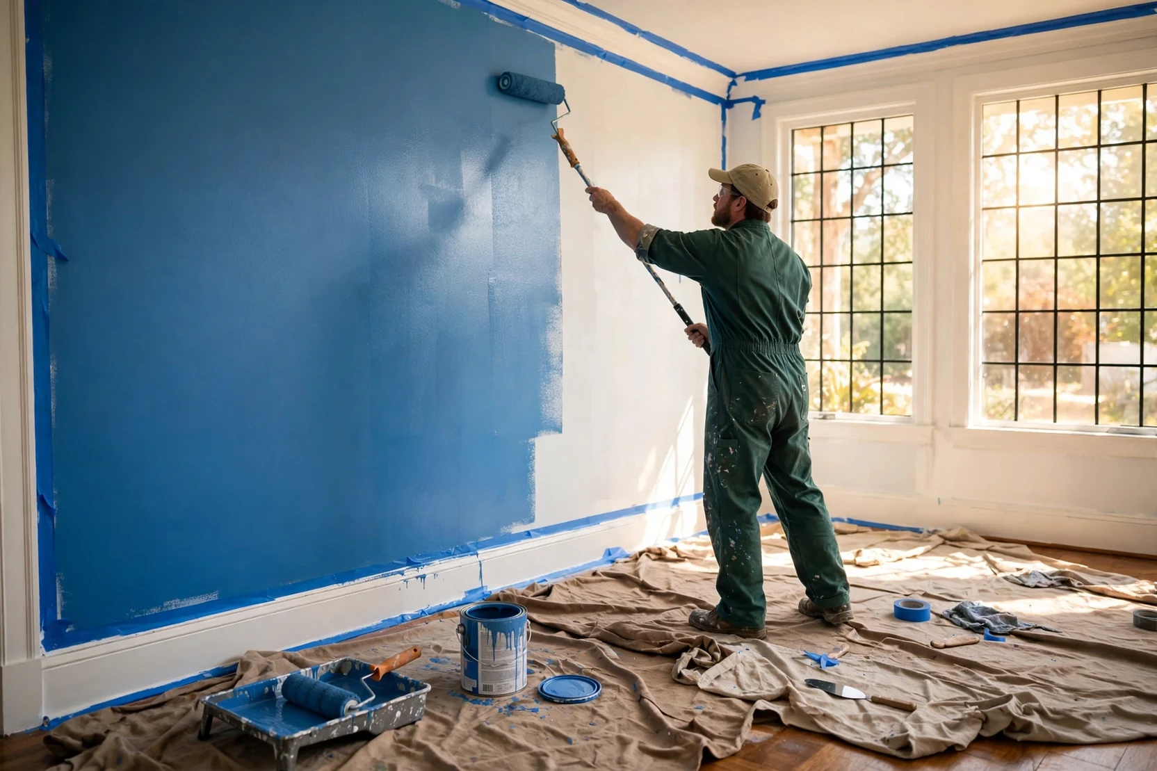 Painter rolling a second coat of paint on an interior wall with tape and drop cloths