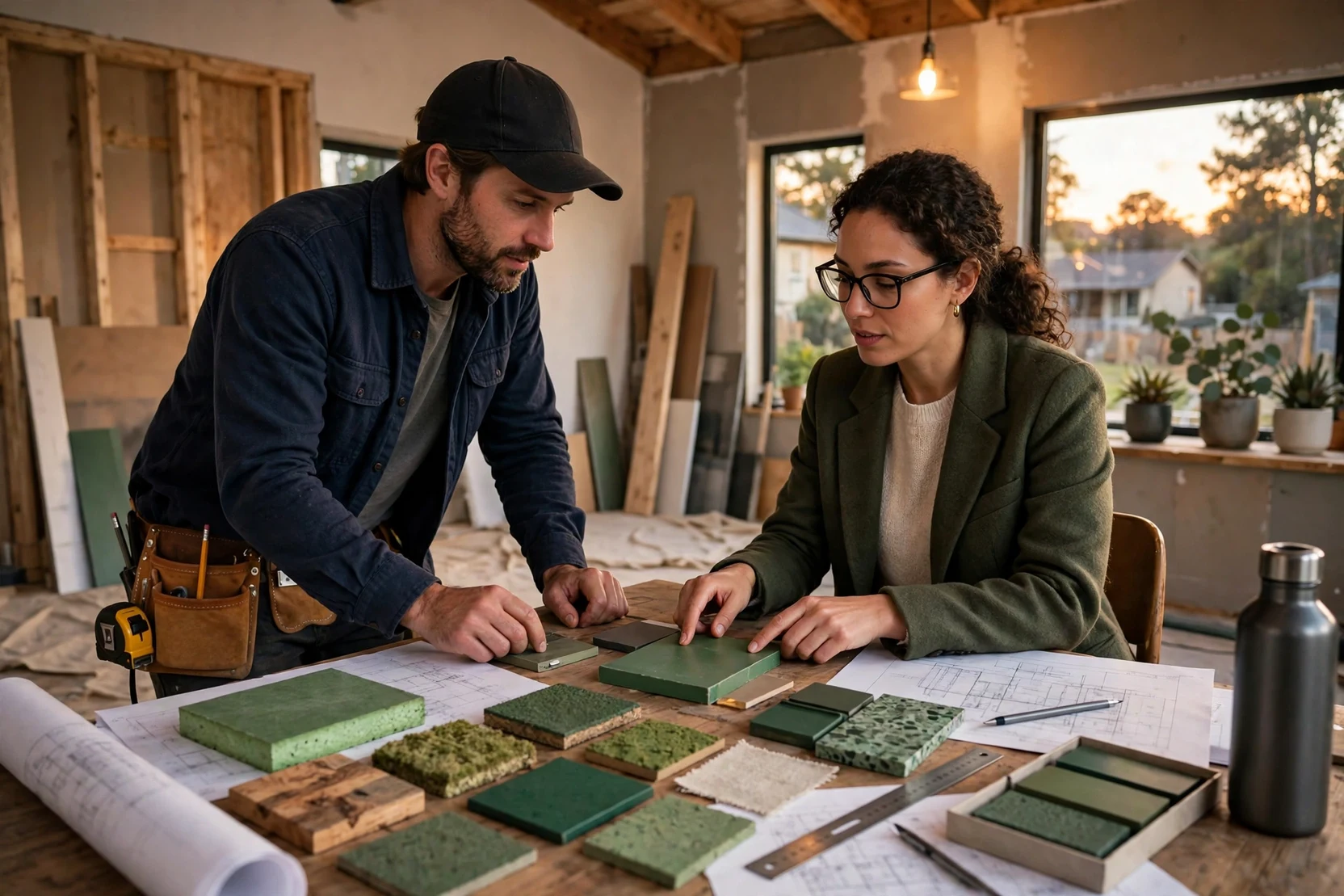 Builder reviewing green construction material samples with a selection checklist