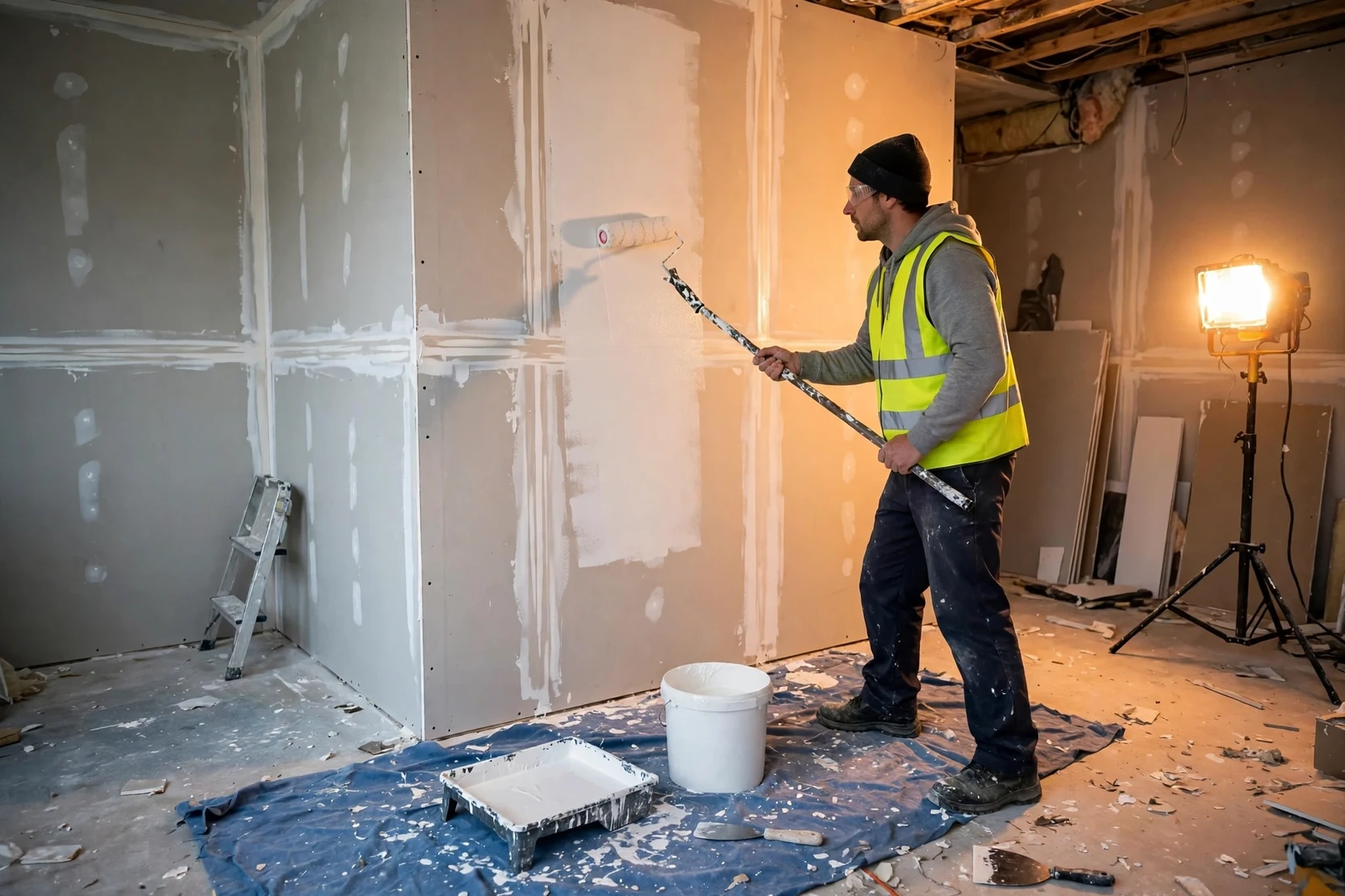 Applying primer to new drywall before interior wall painting