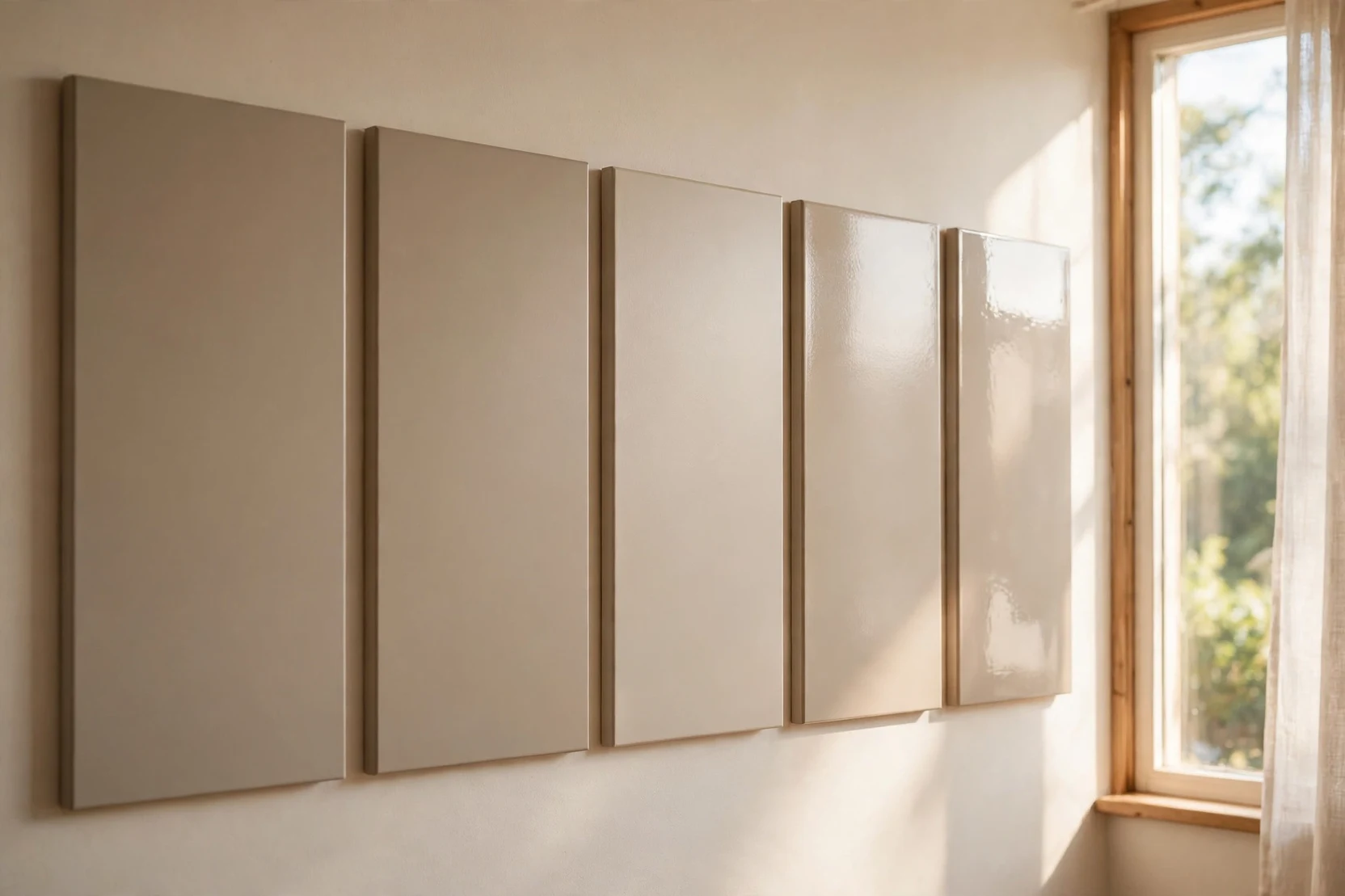 Paint finish samples from flat to high gloss on an interior wall sheen ladder